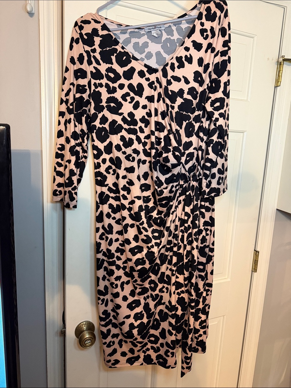 Womens Pink and Black Animal Print V-Neck Ruched Dress